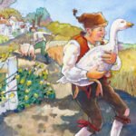 A man is happily walking away after exchanging a pig for a goose.